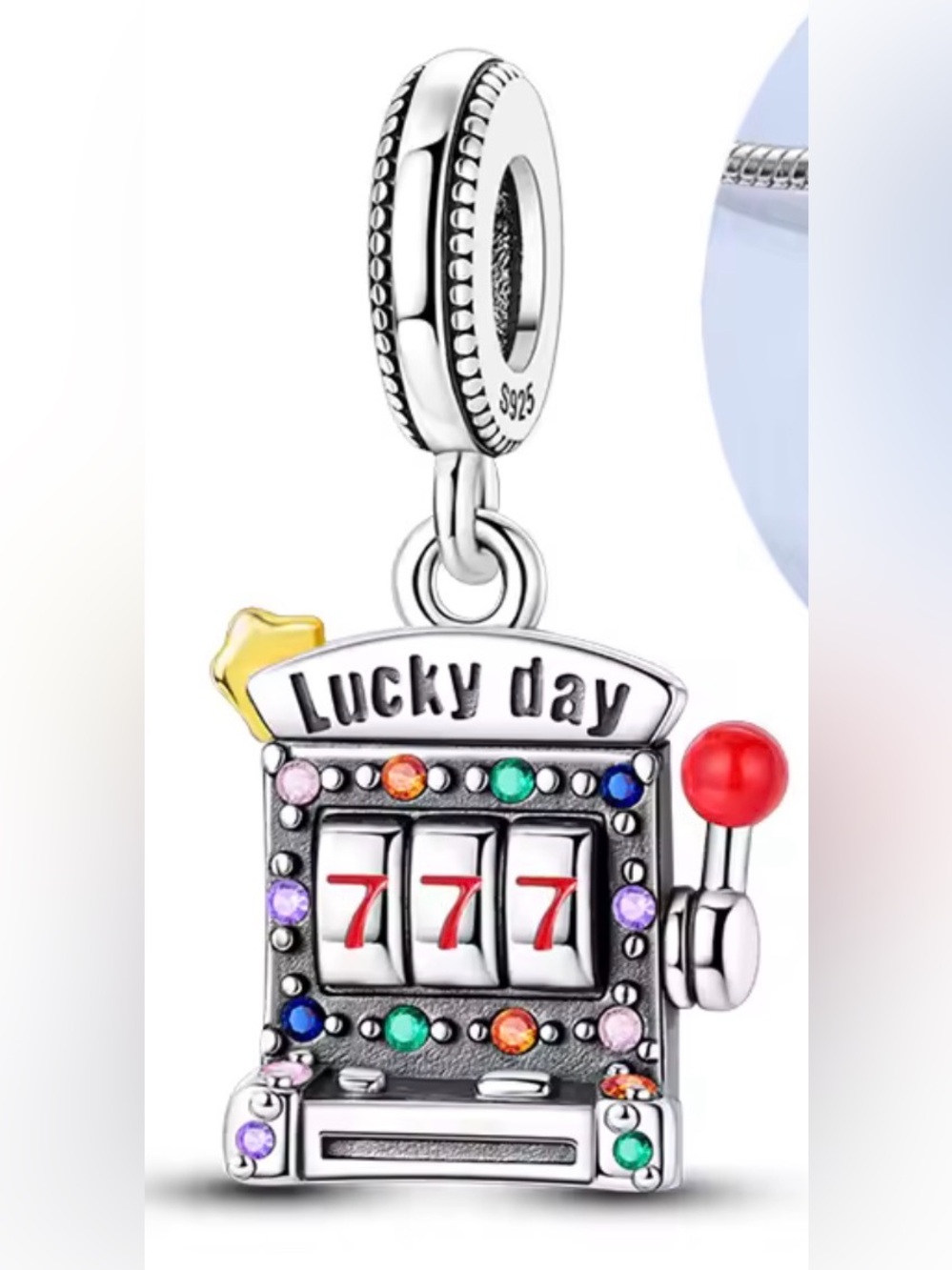 Silver Gaming “Lucky Day” Dangle Charm with Multicolor Jewels